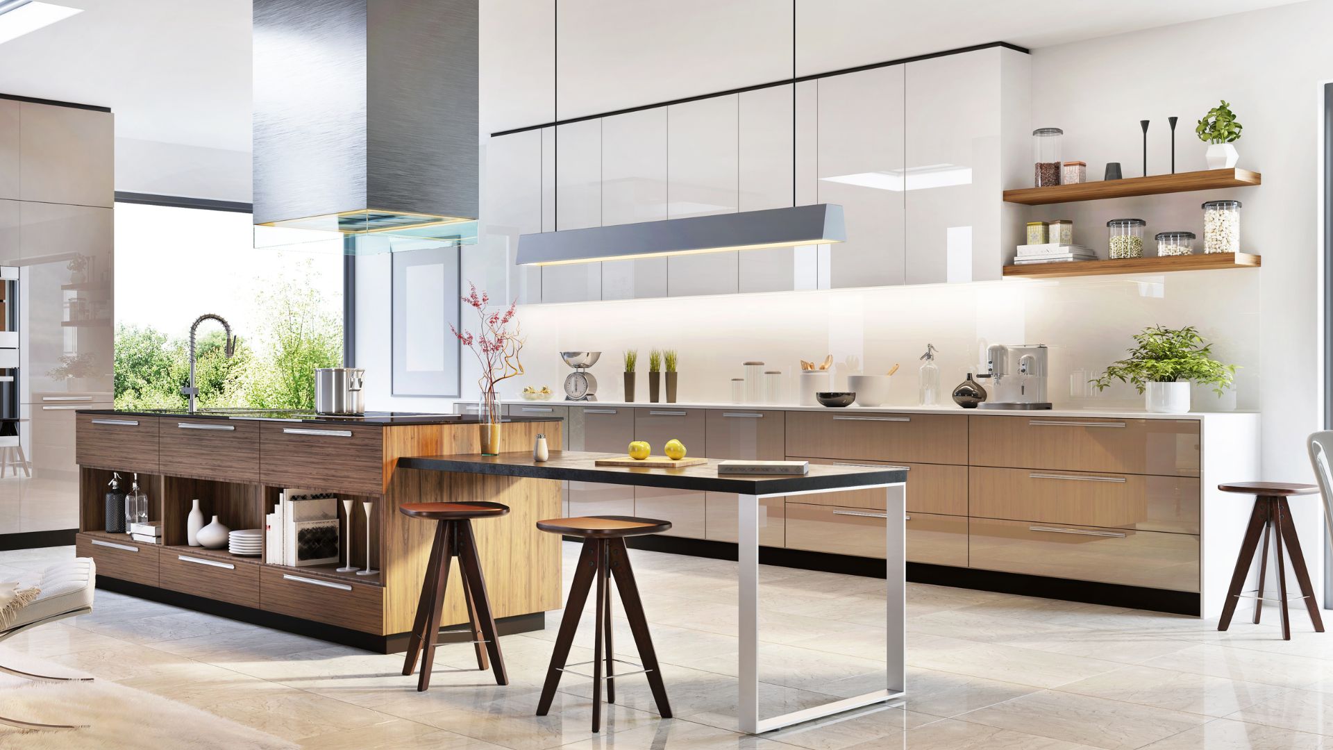 Modern kitchen with island and stools
